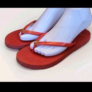 Tory Burch Coral Red Flip Flop Sandals with Gold Logo